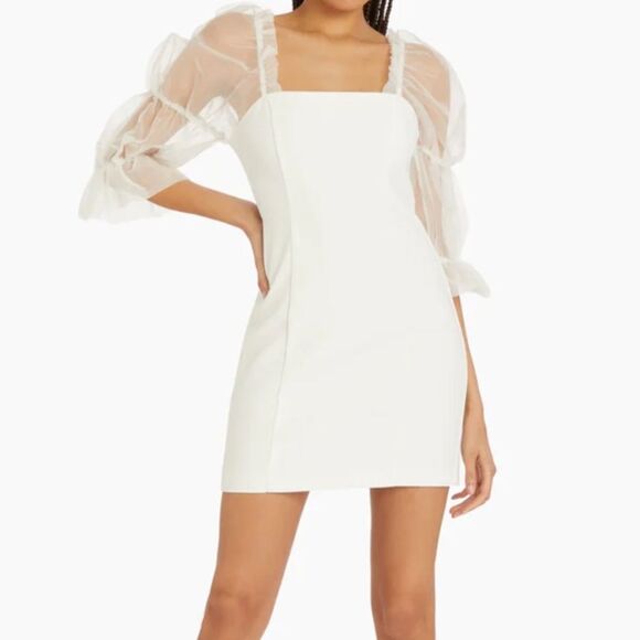 Amanda Uprichard White Mini Dress with Sheer Sleeves - Picture 1 of 7